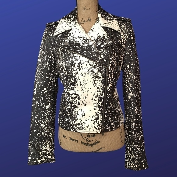 DIANE VON FURSTEBERG“Joneva” Splatter-Print Leather Moto Jacket, Small, EUC